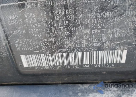 2011 Subaru Outback 2.5I from USA, damaged, VIN 4S4BRBAC0B3422222